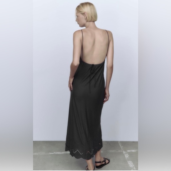 Zara New Women Sexy Bohemian Dark Anthracite Embroidered Slip Dress - Picture 8 of 15